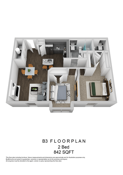 Floor plan for 2 beds, 1.5 baths, 842 sqft